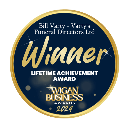 Wigan Business Awards winners badge for Bill Varty of Varty's Funeral Directors and Monumental Masons, who won the Lifetime Achievement Award in 2024.