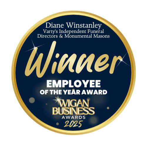 Wigan Business Awards winners badge for Diane Winstanley of Varty's Independent Funeral Directors and Monumental Masons, who won the Employee of the Year Award in 2025.