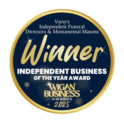Wigan Business Awards winners badge for Varty's Independent Funeral Directors and Monumental Masons, who won the Independent Business of the Year Award in 2025.