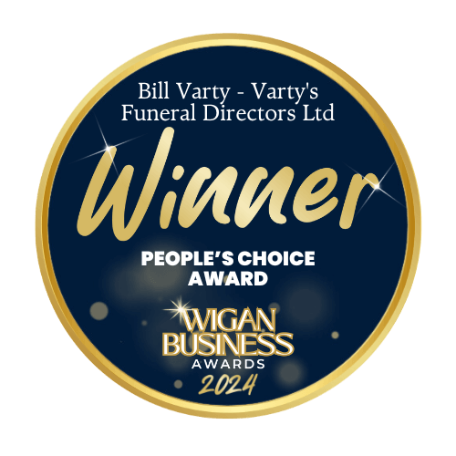 Wigan Business Awards winners badge for Bill Varty of Varty's Funeral Directors and Monumental Masons, who won the People's Choice Award in 2024.