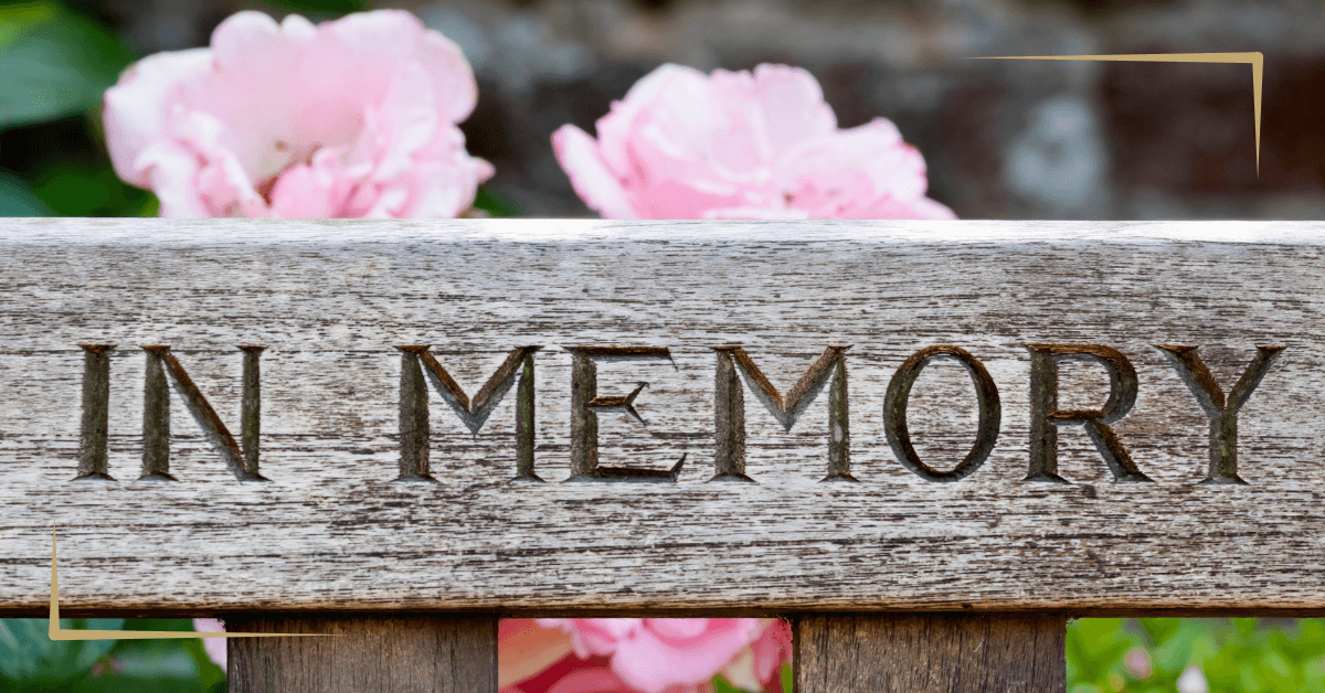 A wooden bench with the words "IN MEMORY" carved into it, with pink roses in the background.